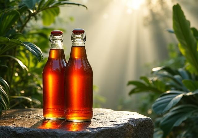 Ästhetische Cold Brew Flaschen in einem Regenwald-Setting