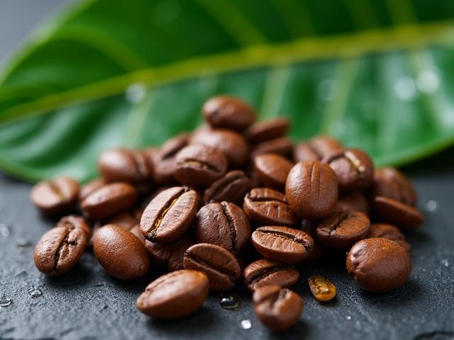 Makroaufnahme von Kaffeebohnen neben üppigen Farnblättern