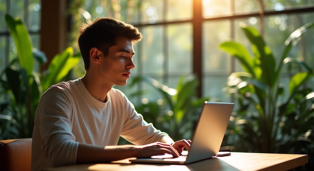 Person arbeitet konzentriert am Laptop in einer hellen, pflanzenreichen Café-Umgebung